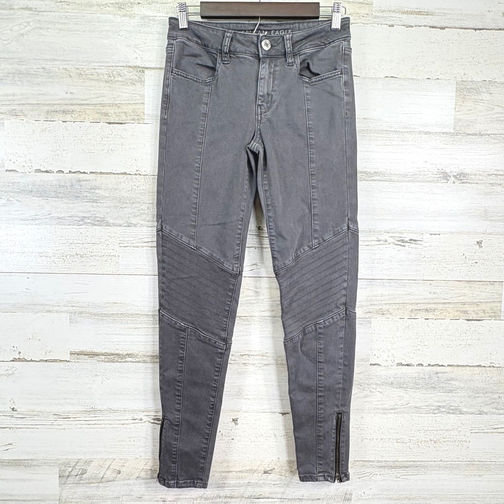 American Eagle Gray Moto Jeggings Super Stretch Ankle Zipper Skinny Jeans Size 4